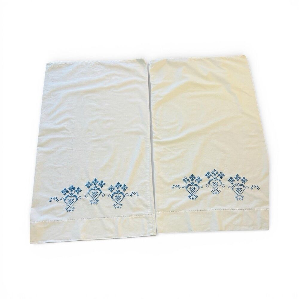 Vintage Blue Cross Stitch Pillowcases Set of 2 White Cotton Embroidered Folk Art